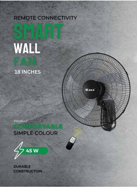 18" Wall Fan High Performance Fan with 3-Speed Controls 5 Leaf Blades and Remote Control, Adjustable Tilt Angle 3 Years Guarantee 60 W V-HWF3007 Black