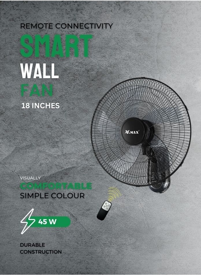 Vmax - 18" Wall Fan High Performance Fan with 3-Speed Controls 5 Leaf Blades and Remote Control, Adjustable Tilt Angle 3 Years Guarantee 60 W V-HWF3007 Black - Image 1