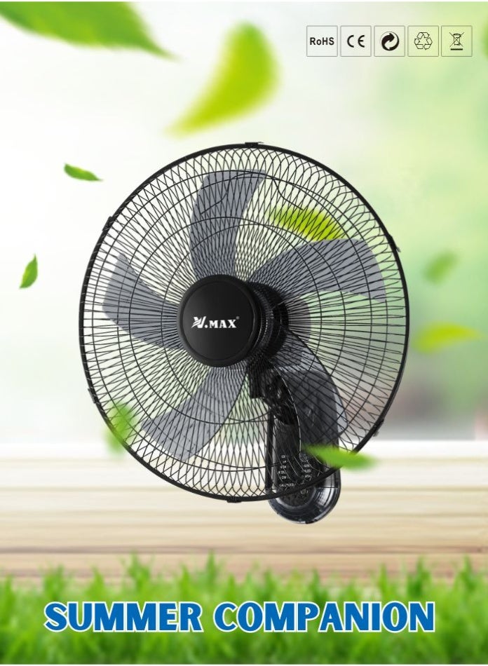 Vmax 18" Wall Fan with Remote Control, 5-Blade High Performance, 3-Speed Settings, Adjustable Tilt, 60W, Quiet Operation, Durable, Black - Image 1
