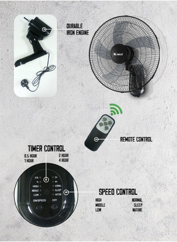 Vmax 18" Wall Fan with Remote Control, 5-Blade High Performance, 3-Speed Settings, Adjustable Tilt, 60W, Quiet Operation, Durable, Black - Image 3