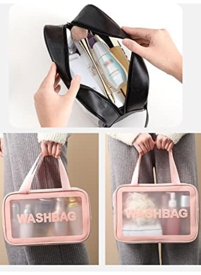 VIUAUAX Transparent cosmetic bag pvc wash bag three sets of semi-transparent pu frosted bath swimming storage bag large capacityClear Toiletry Bag Set for Women Men, Translucent Waterproof Travel Makeup Bag with Handle, Large Capacity Sturdy & Leak Resistant Cosmetic Bag Pouch for Traveling,3PACK - Image 4