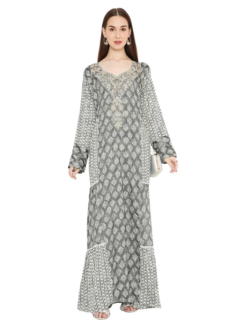 HANA & SARA ELEGANT ARABIC KAFTAN JALABIYA DRESS ADORNED WITH STONE WORK AND THREAD EMBROIDERY