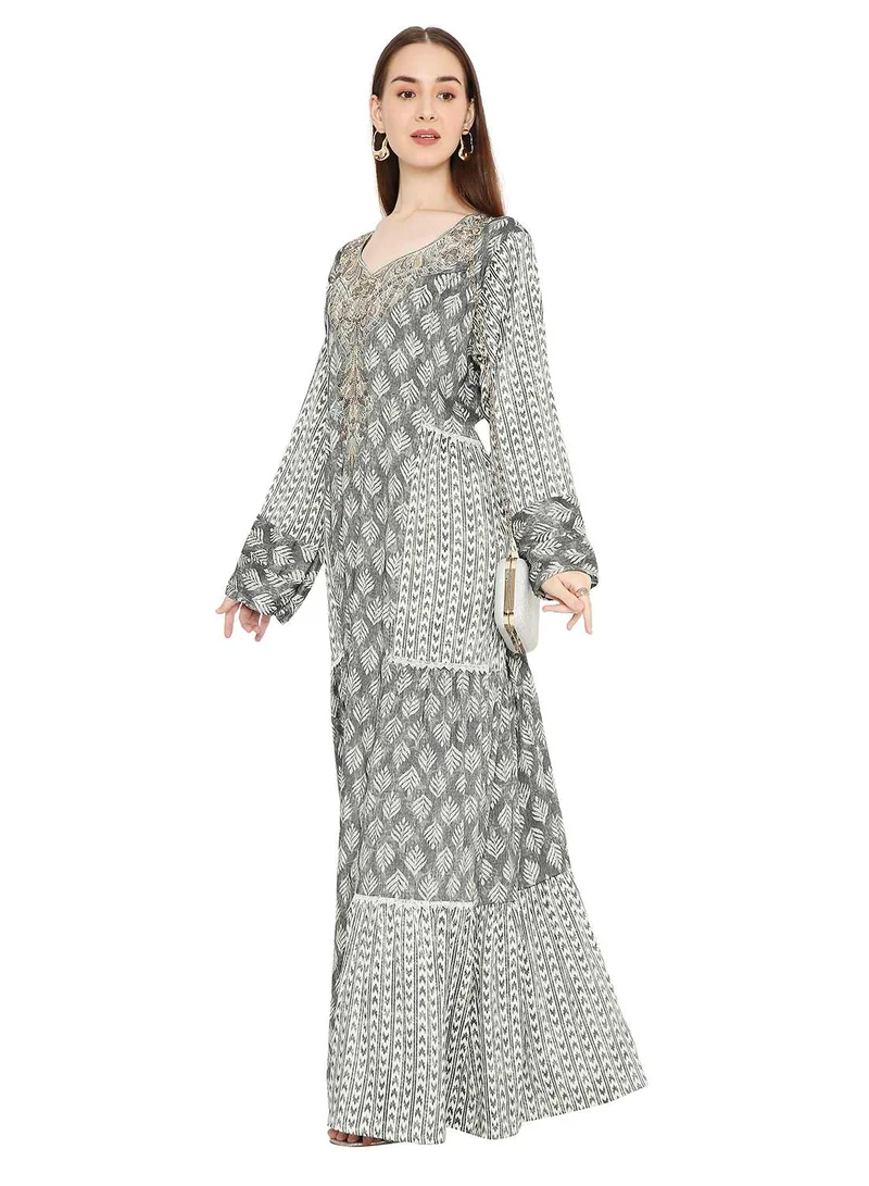 HANA & SARA ELEGANT ARABIC KAFTAN JALABIYA DRESS ADORNED WITH STONE WORK AND THREAD EMBROIDERY