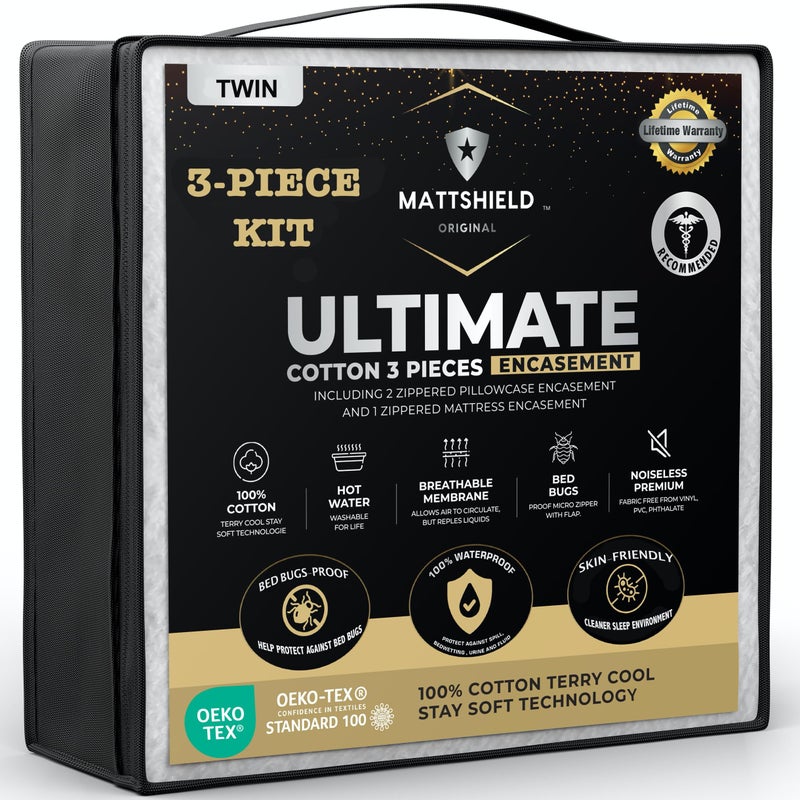 MATTSHIELD ORIGINAL MATTSHIELD New Ultimate 3Piece Kit  Bed BugProof Mattress Cover Twin Size 100 Cotton Top  2 Pillow Protectors with Zipper  6 Sided Waterproof Encasement Total Defense Kit 