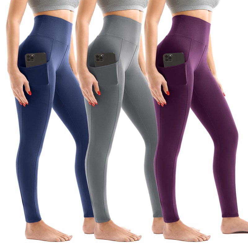 Walifrey Leggings with Pockets for Women 3 Pack, High Waist Womens Leggings (Navy/Grey/Purple SM) - Image 1