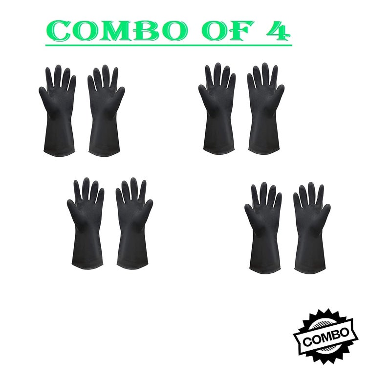 Ekon Combo of 4 Latex Non Slip Multipurpose Heavy Duty Reusable Safety Rubber Hand Gloves For Chemical Resistance Protective Lab Gardening Industrial Building Construction Agriculture Work Men Black - Image 2