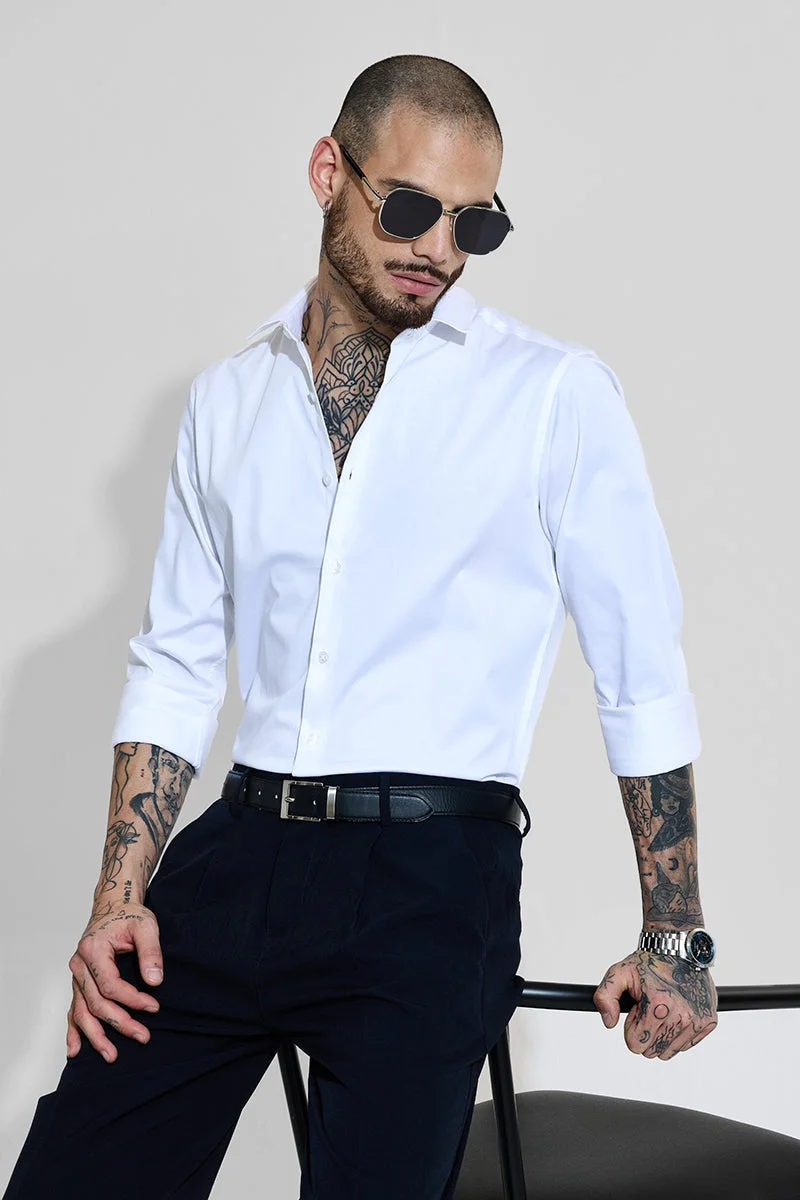 SNITCH Core Lab Satin Stretch White Slim Fit Shirt