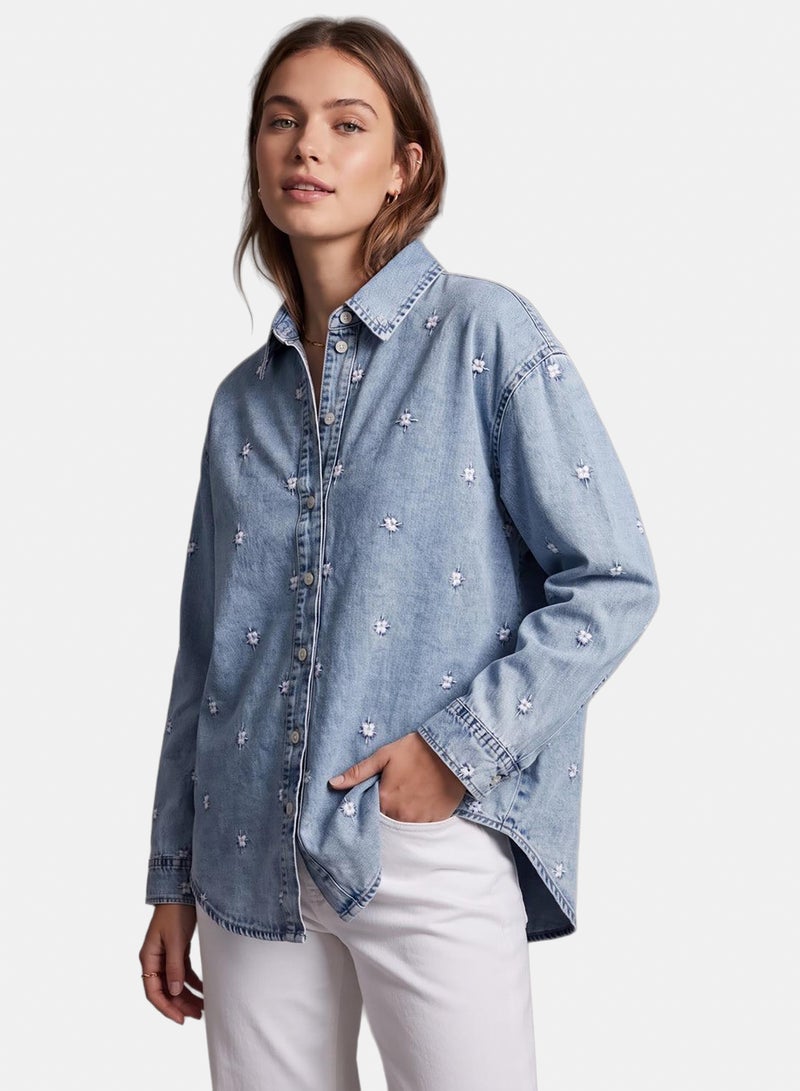 Carina Floral Embroidered Denim Shirt - Image 1
