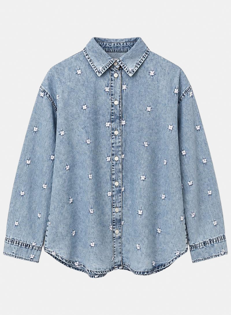 Carina Floral Embroidered Denim Shirt - Image 2