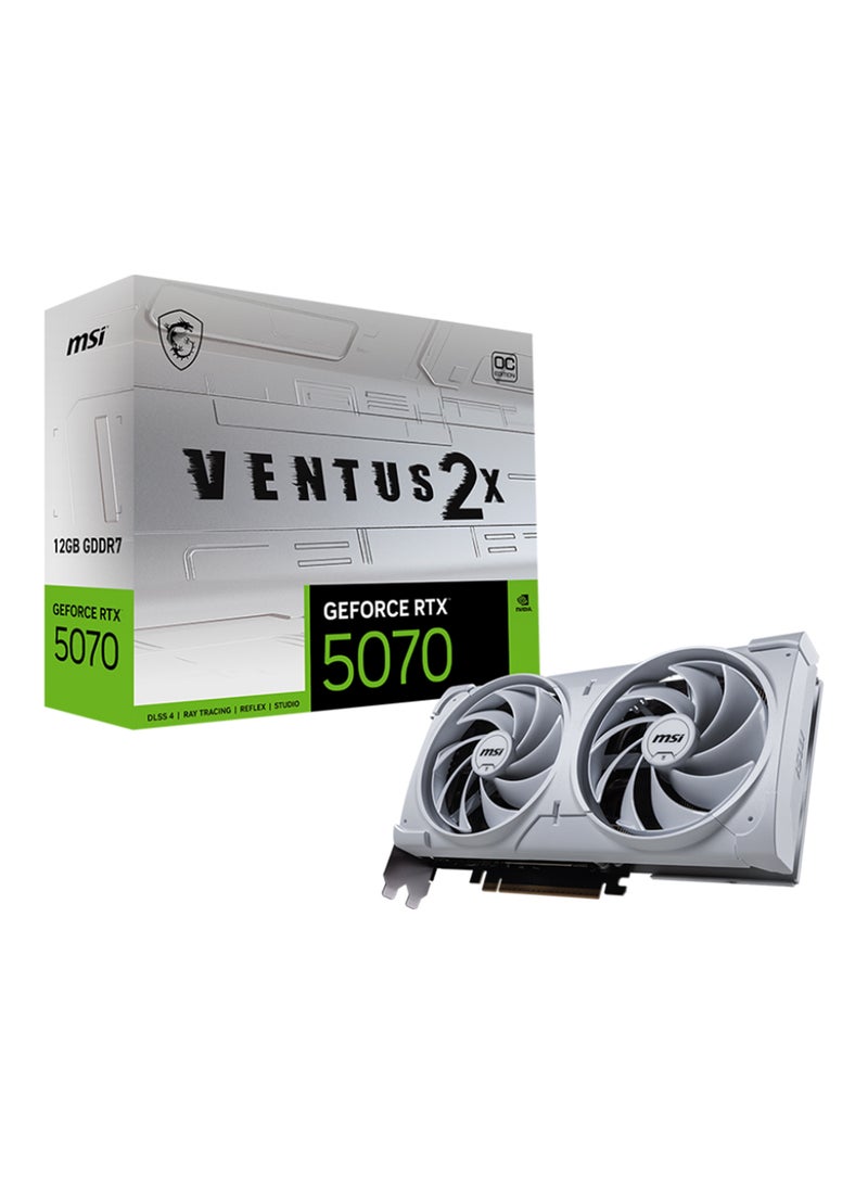 MSI GeForce RTX™ 5070 12GB GDDR7 VENTUS 2X OC WHITE, PCIe Gen 5, 2557 MHz Boost, 6144 CUDA Cores, 28 Gbps Memory Speed, 192-bit Memory Bus, 3x DisplayPort 2.1b, 1x HDMI 2.1b, 250W Power Consumption, 7680x4320 Max Resolution, HDCP, G-SYNC, DirectX 12 Ultimate, 4.6 OpenGL Support White - Image 1