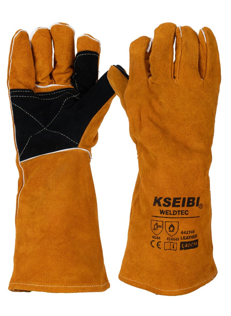 KSEIBI Welding Leather Gloves, Size Large - 40CM, Fire/Heat Resistant Leather Welding Gloves, Mitts for BBQ, Oven, Grill, Fireplace,Tig, Mig, Baking, Furnace, Stove, Pot Holder/Black & Yellow.  - Image 1