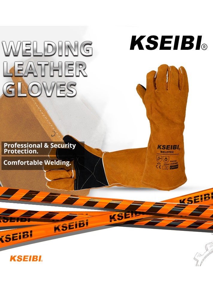 KSEIBI Welding Leather Gloves, Size Large - 40CM, Fire/Heat Resistant Leather Welding Gloves, Mitts for BBQ, Oven, Grill, Fireplace,Tig, Mig, Baking, Furnace, Stove, Pot Holder/Black & Yellow.  - Image 2