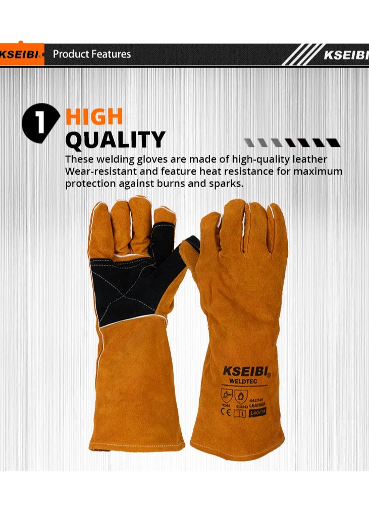 KSEIBI Welding Leather Gloves, Size Large - 40CM, Fire/Heat Resistant Leather Welding Gloves, Mitts for BBQ, Oven, Grill, Fireplace,Tig, Mig, Baking, Furnace, Stove, Pot Holder/Black & Yellow.  - Image 3