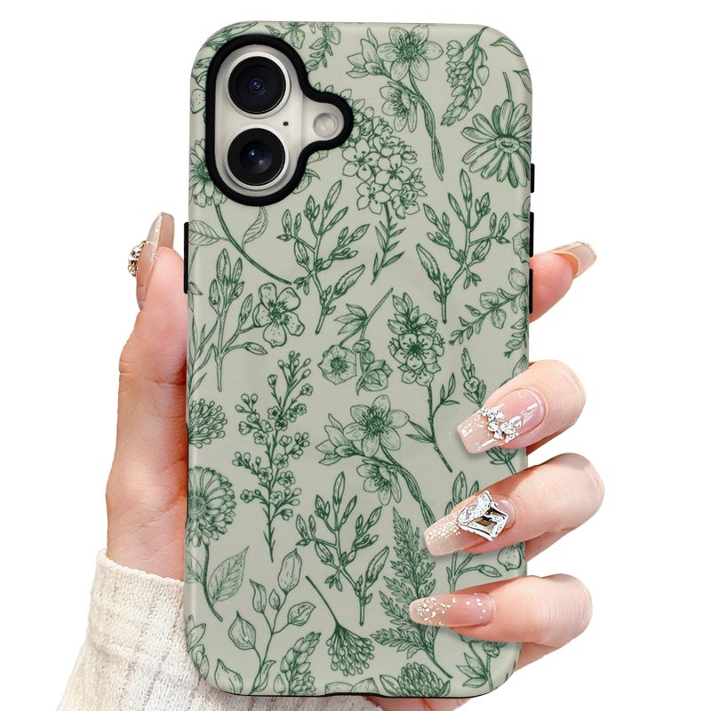 SOKAD Magnetic Sage Floral Phone Case for iPhone 16, Vintage Green Flower Pattern Compatible with Magsafe Matte Protective Case Cover with Screen Protector for Girls Women - Image 1