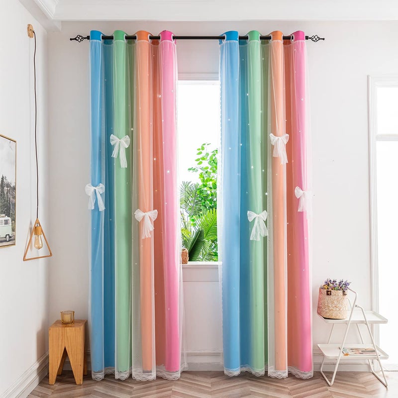 ستائر يانكورب لغرفة نوم الفتيات ستائر أطفال ستائر نافذة nursery بتصميم نجوم 84 بوصة طول تعتيم الغرفة عيون 2 طبقات أربعة ألوان R W52 X L96
