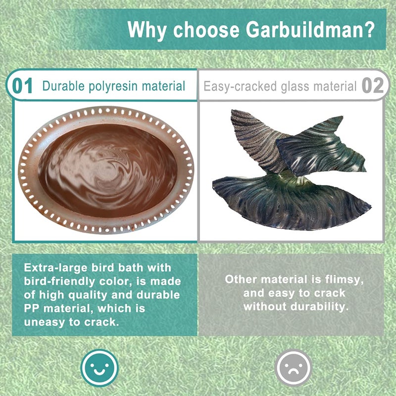Garbuildman Extra-Large Freestanding Birdbaths Bowl, Detachable Decoration Spa with Metal Stake Stand & Birdfeeder for Outdoor Garden, Oval Style, Chocolate - Image 5