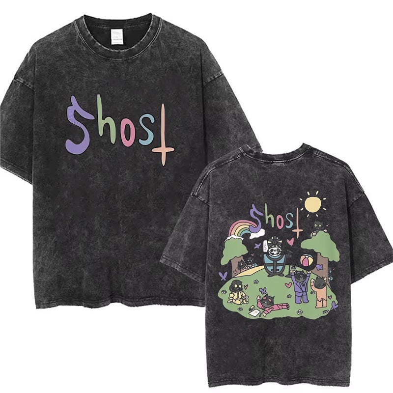 T-Shirt T-Shirt Band Station Gothic Comfortable Washed Men And Women Loose Ghost 2025 Independent Retro New Style - Image 1