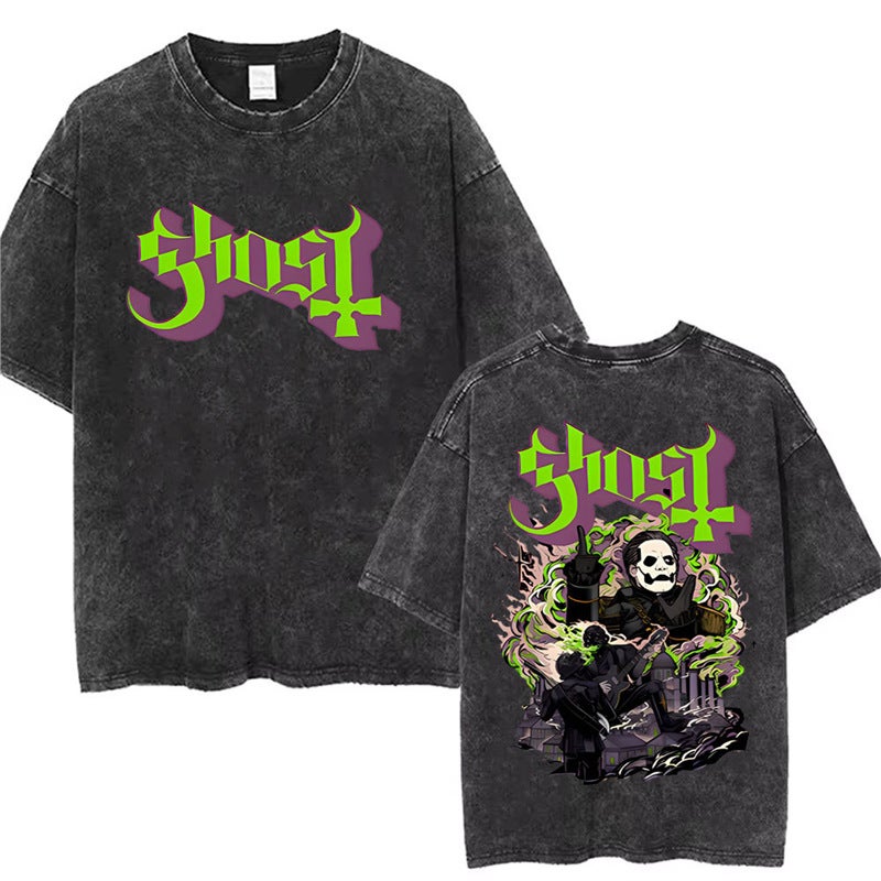 T-Shirt T-Shirt Band Station Gothic Comfortable Washed Men And Women Loose Ghost 2025 Independent Retro New Style - Image 2