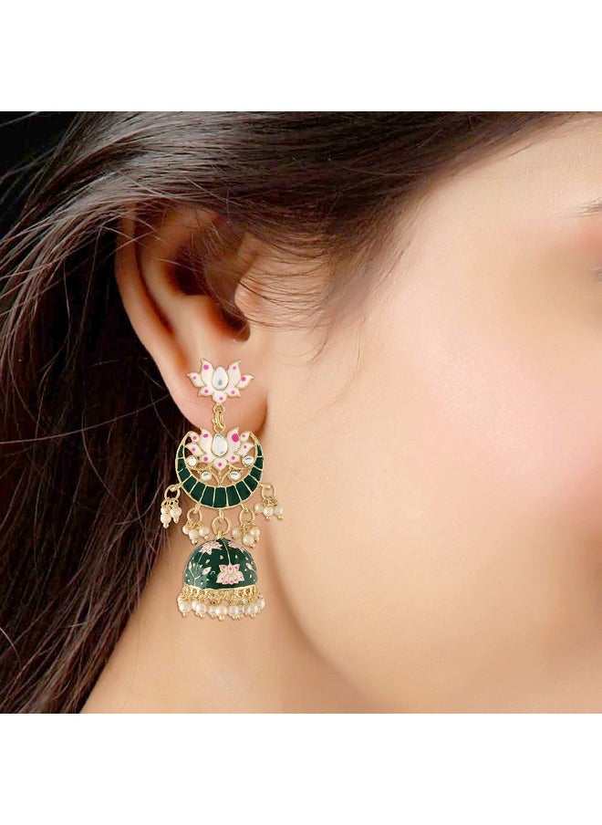 I Jewels I Jewels 18K Gold Plated Traditional Floral Kundan Studded Green Meenakari Jhumka Earrings For Women (E2912G)  - Image 2