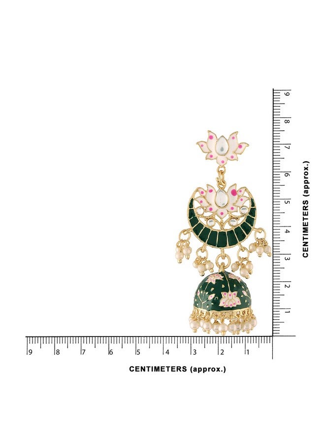 I Jewels I Jewels 18K Gold Plated Traditional Floral Kundan Studded Green Meenakari Jhumka Earrings For Women (E2912G)  - Image 3