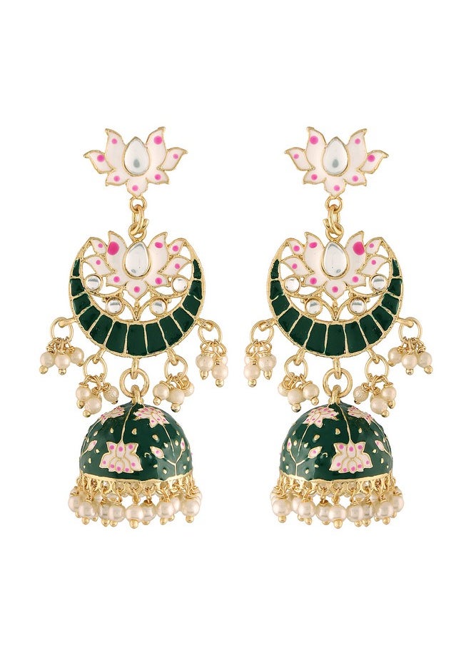 I Jewels I Jewels 18K Gold Plated Traditional Floral Kundan Studded Green Meenakari Jhumka Earrings For Women (E2912G)  - Image 1