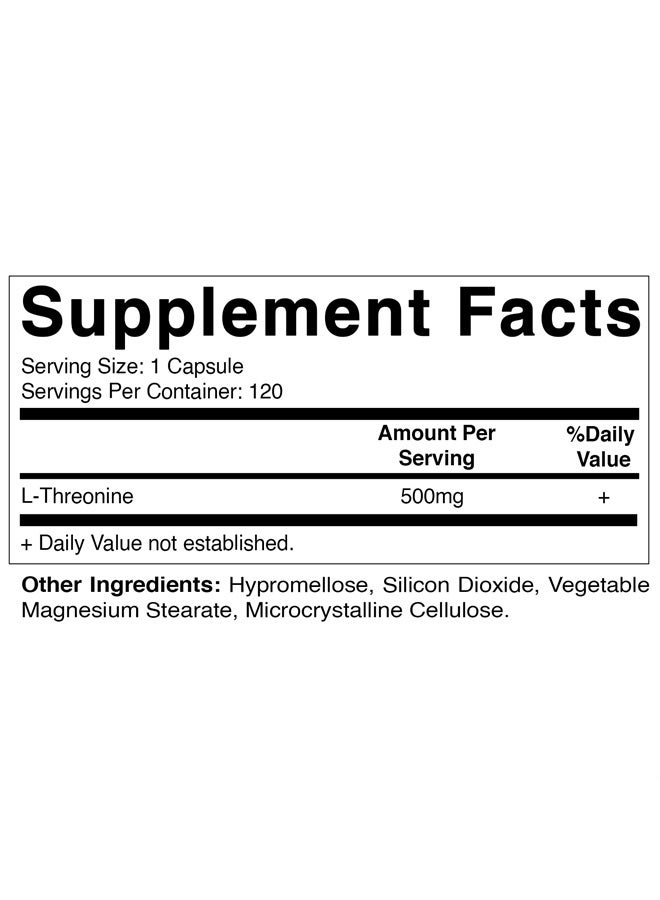 Vitamatic L-Threonine 500 mg 120 Vegetable Capsules - Promotes Healthy Liver, Cardiovascular & Structural Function - Image 1