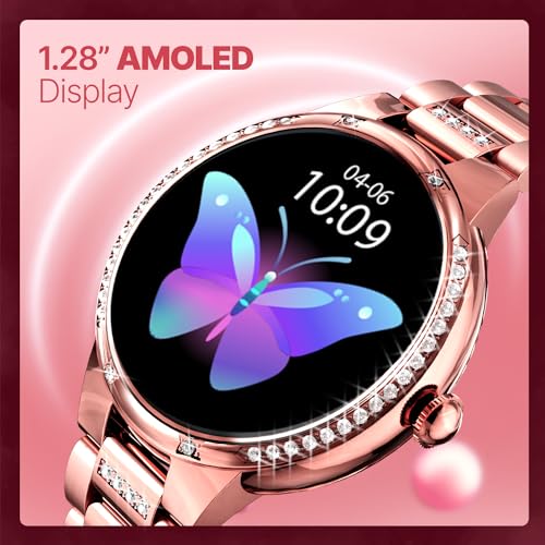 CrossBeats Diva 1.28” Stylish Smart Watch for Women with Stone Studded Bezel| Amoled Display | Female Health Tracker | 100+Sports Modes| Premium Metal Smartwatch with Wireless Charging - (Rose Gold) - Image 3
