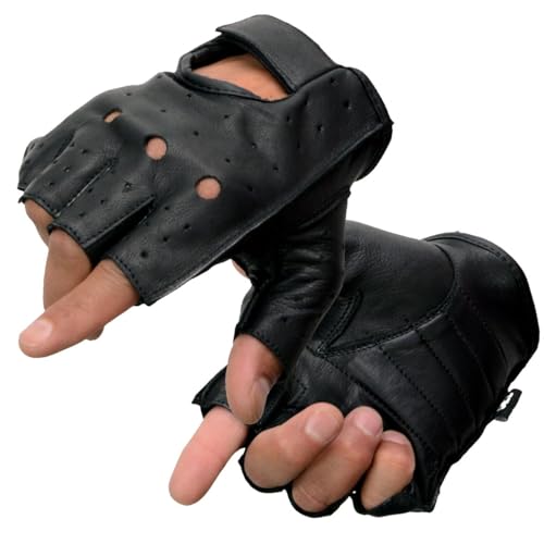 Milwaukee Leather SH195 Mens Black Leather Perforated Gel Padded Palm Fingerless Motorcycle Hand Gloves W Open Knuckle Large - Image 1