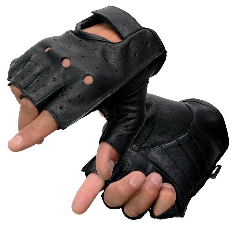 Milwaukee Leather SH195 Mens Black Leather Perforated Gel Padded Palm Fingerless Motorcycle Hand Gloves W Open Knuckle Large - Image 2