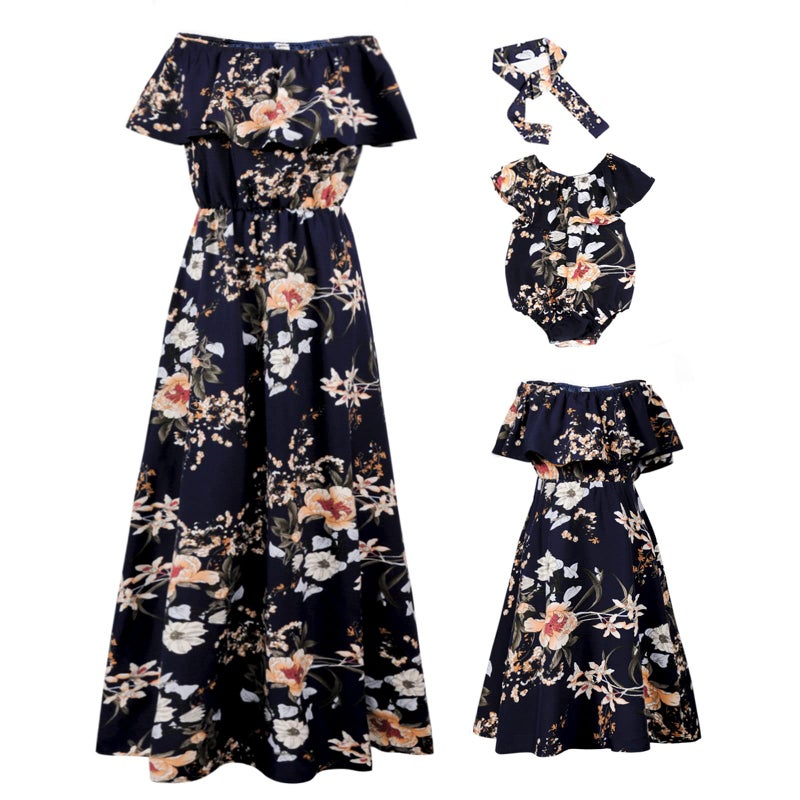 PopReal Mommy and Me Floral Printed Dresses Shoulder Straps Bowknot Chiffon Sleeveless Matching Outfits Light Blue - Image 1