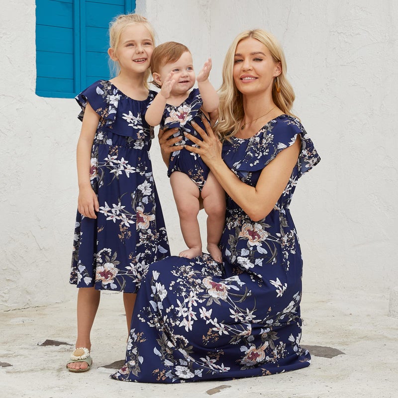 PopReal Mommy and Me Floral Printed Dresses Shoulder Straps Bowknot Chiffon Sleeveless Matching Outfits Light Blue - Image 2