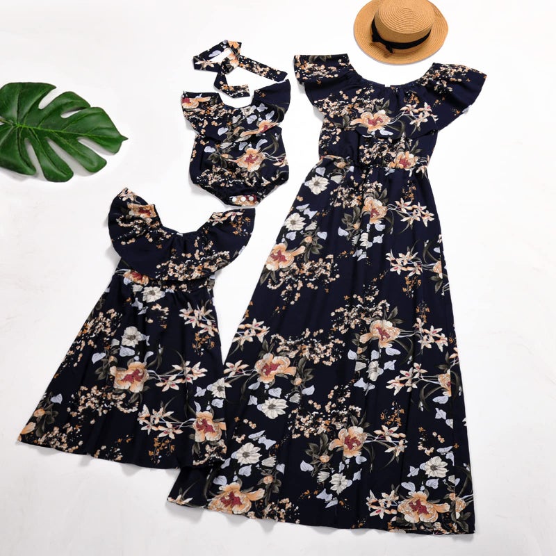 PopReal Mommy and Me Floral Printed Dresses Shoulder Straps Bowknot Chiffon Sleeveless Matching Outfits Light Blue - Image 3