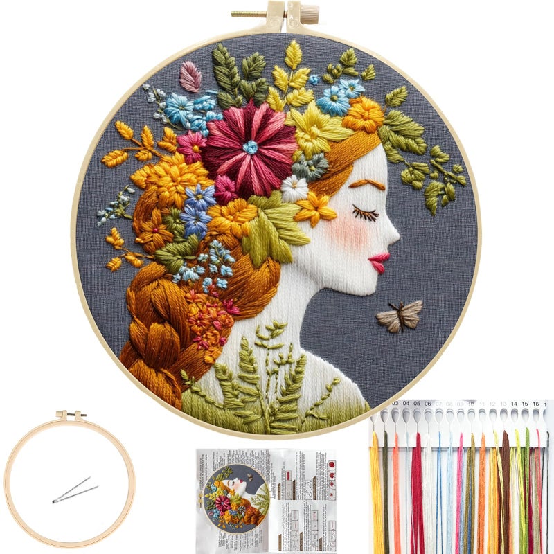 FONNUY Floral Women Embroidery Kit for Beginners Colorful Long Hair Girl PreStamped Pattern Kits for Adults with Hoop Thread Needlework 8 Hoop Gold - Image 3