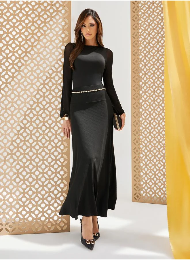 Styli Ribbed A-Line Maxi Skirt with Chain Detail