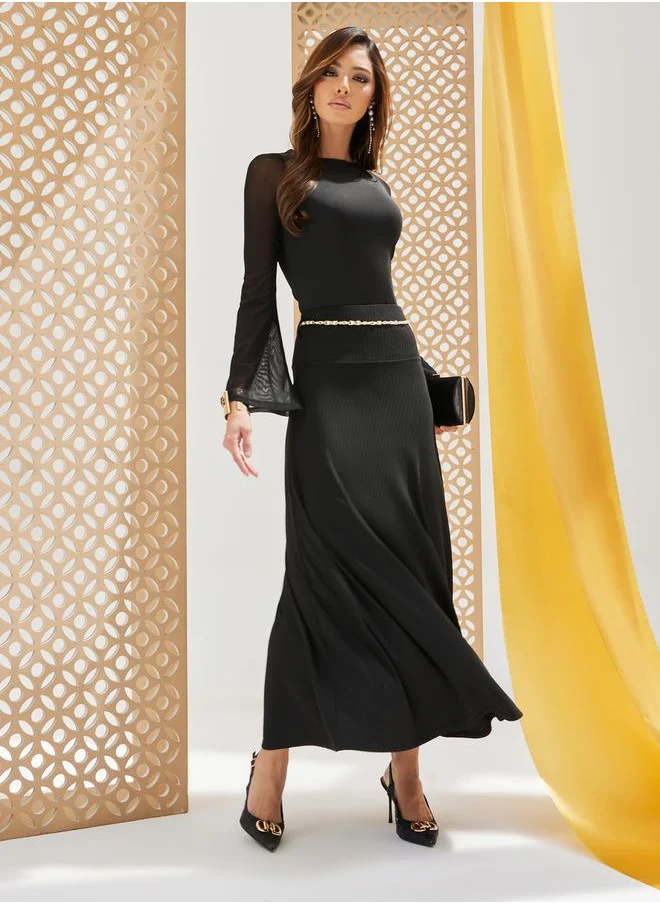 Styli Ribbed A-Line Maxi Skirt with Chain Detail