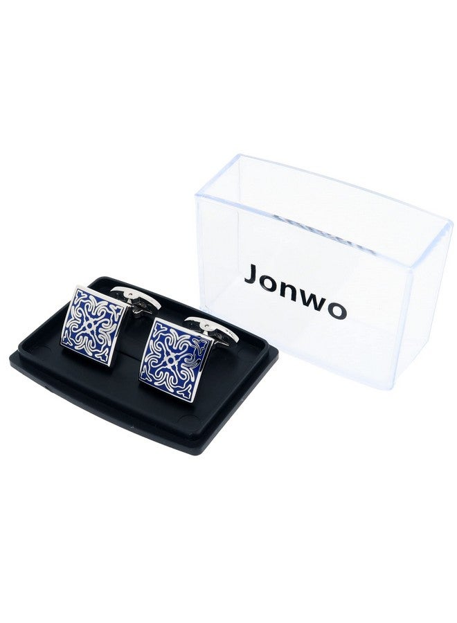 Jonwo Square Vintage Cloisonne Cufflinks For Men Blue Retro Patterns Men'S Cuff Link Set For Wedding Shirt Party Business Birthday Anniversary Dress - Image 4