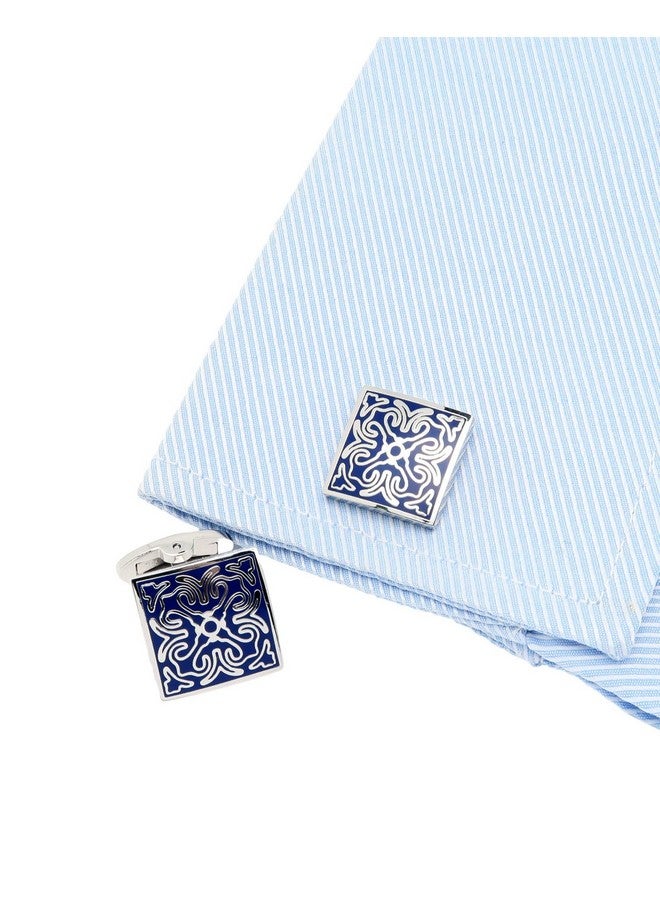 Jonwo Square Vintage Cloisonne Cufflinks For Men Blue Retro Patterns Men'S Cuff Link Set For Wedding Shirt Party Business Birthday Anniversary Dress - Image 2