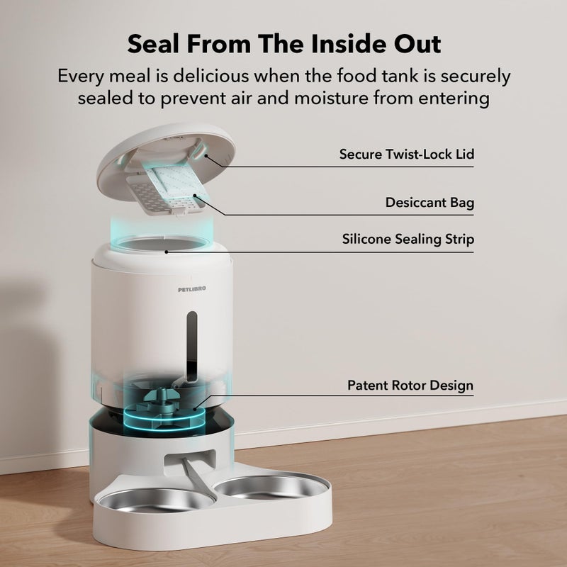 PETLIBRO 5L Automatic Cat Feeder for 2 Cats, 5G&2.4G Wi-Fi Programmable Cat Food Dispenser with Dual Stainless Steel Bowls, Airtight Lock Fresh Technology, Low Food Sensor - Image 4