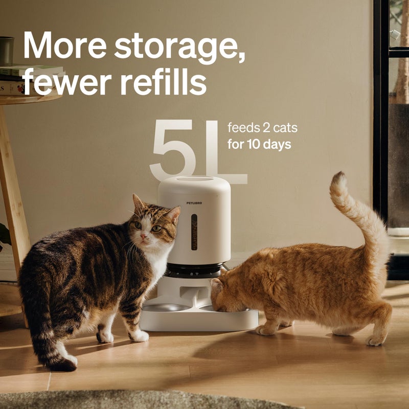 PETLIBRO 5L Automatic Cat Feeder for 2 Cats, 5G&2.4G Wi-Fi Programmable Cat Food Dispenser with Dual Stainless Steel Bowls, Airtight Lock Fresh Technology, Low Food Sensor - Image 5