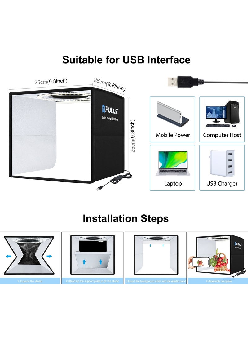 PULUZ - صندوق استوديو الصور مقاس 9.8 بوصة/25 سم، صندوق إضاءة صغير قابل للطي LED حلقة ضوء محمولة لاستوديو التصوير الفوتوغرافي مجموعة صندوق خيمة للتصوير الفوتوغرافي 12 لونًا خلفية USB صندوق إضاءة للهواتف وكاميرا DSLR - Image 1
