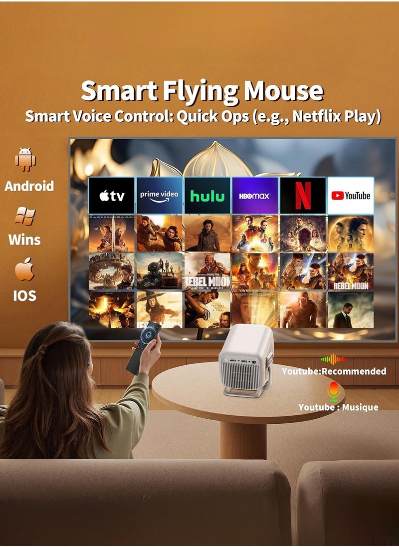 Mini Projector, Projector 4K Full HD Smart Projector Auto Focus & Keystone Correction with Built-in Apps, 180° Rotation Portable Projector WiFi 6 & Bluetooth 5.4 for Phone/Tablet/HDMI