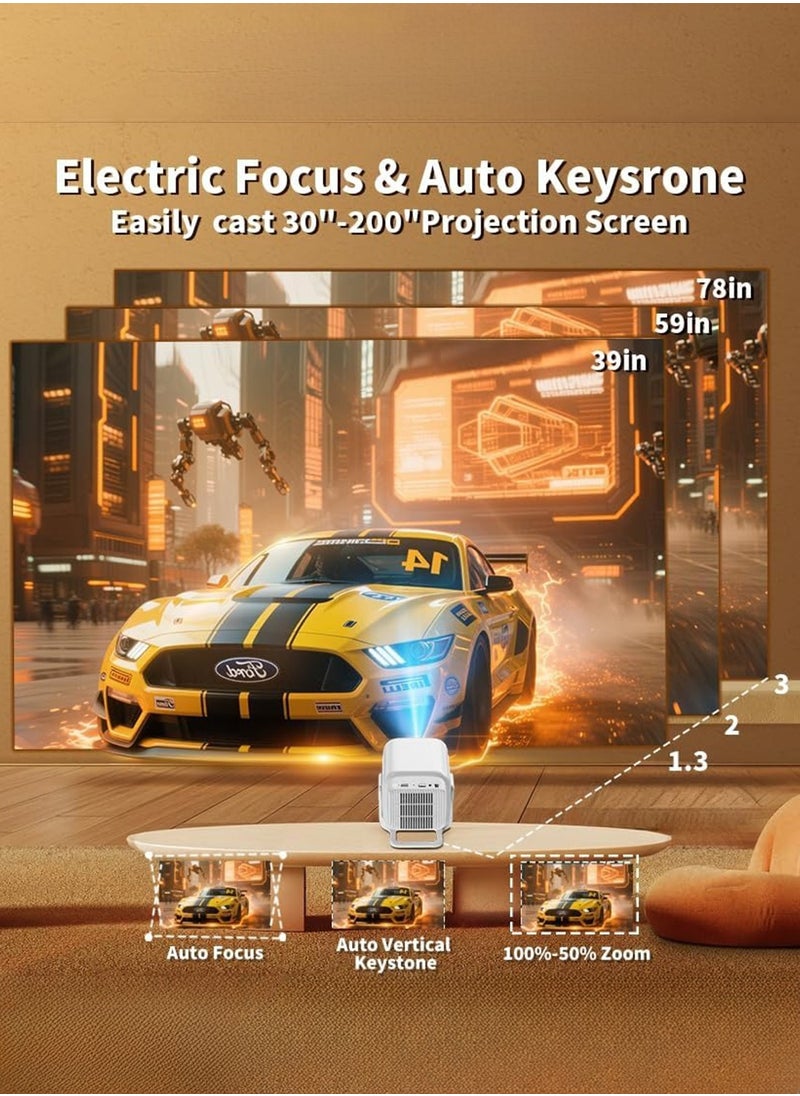 Mini Projector, Projector 4K Full HD Smart Projector Auto Focus & Keystone Correction with Built-in Apps, 180° Rotation Portable Projector WiFi 6 & Bluetooth 5.4 for Phone/Tablet/HDMI