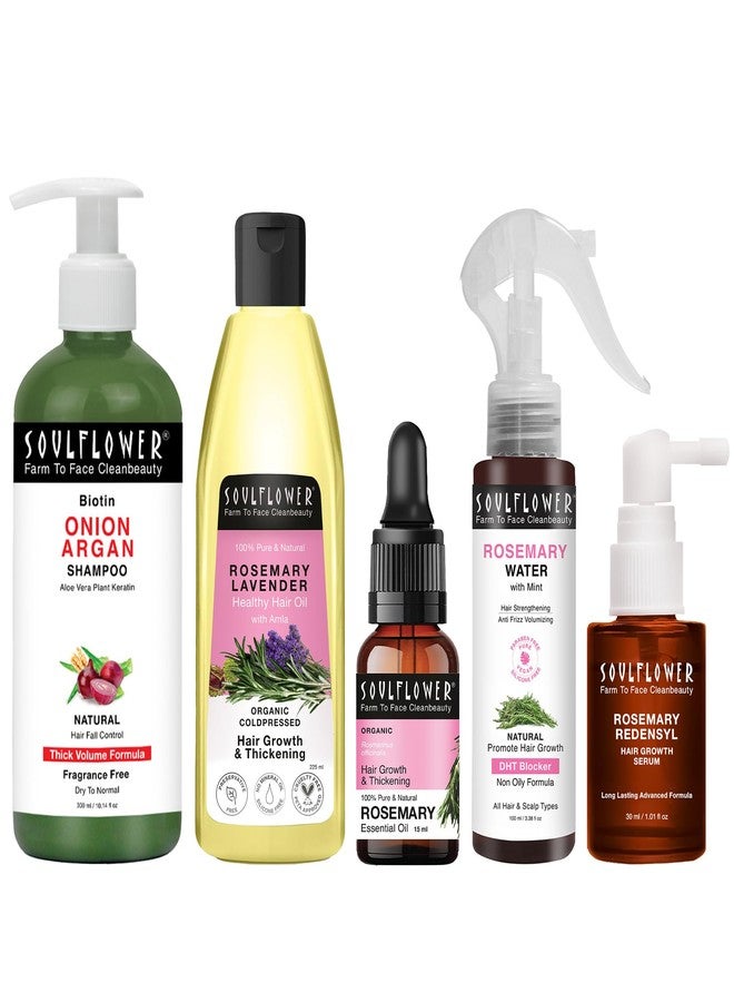 Soulflower Rosemary Healthy Hair Growth Regime | Rosemary Essential Oil, Rosemary Hair Oil, Onion Biotin Shampoo, Redensyl Hair Growth Serum, Rosemary Water for Hair Fall Control - Pack of 5 (670ml) - Image 1