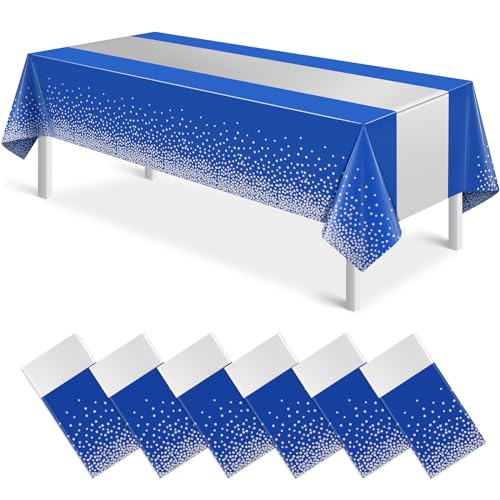 MASHAN 6Pcs Blue and Silver Tablecloth Party DecorationsPlastic Royal Blue Table Cloth Printed Silver Table Runner Disposable Rectangle Cover for Anniversary Wedding Graduation 2025 Party54 x108 Inch - Image 1