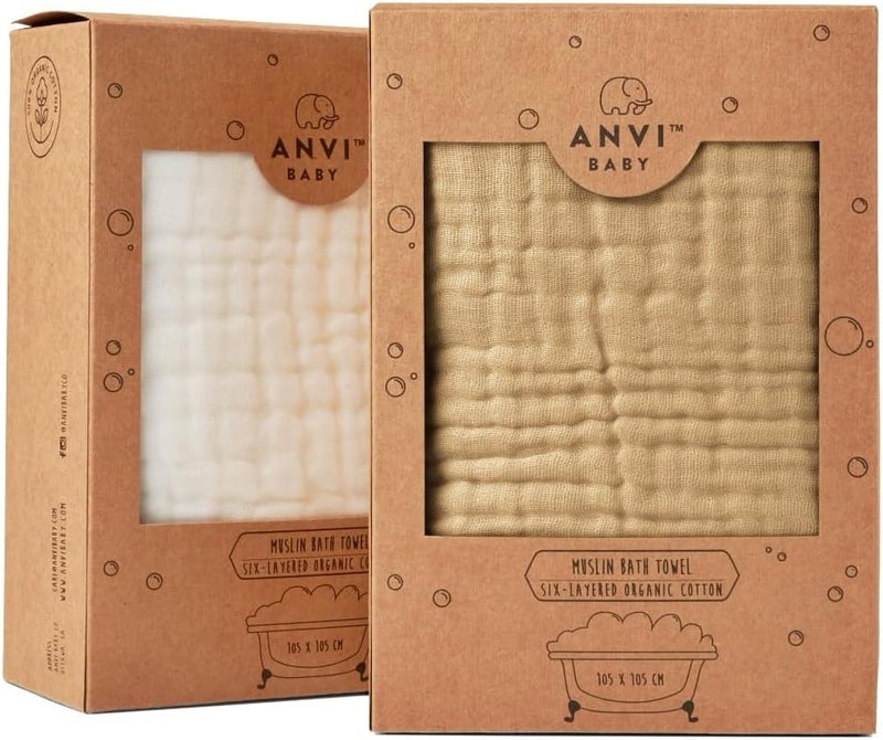 Anvi Baby Set of 2 Organic Muslin Bath Towels - Tan Brown & White, 105x105 cm - Image 1