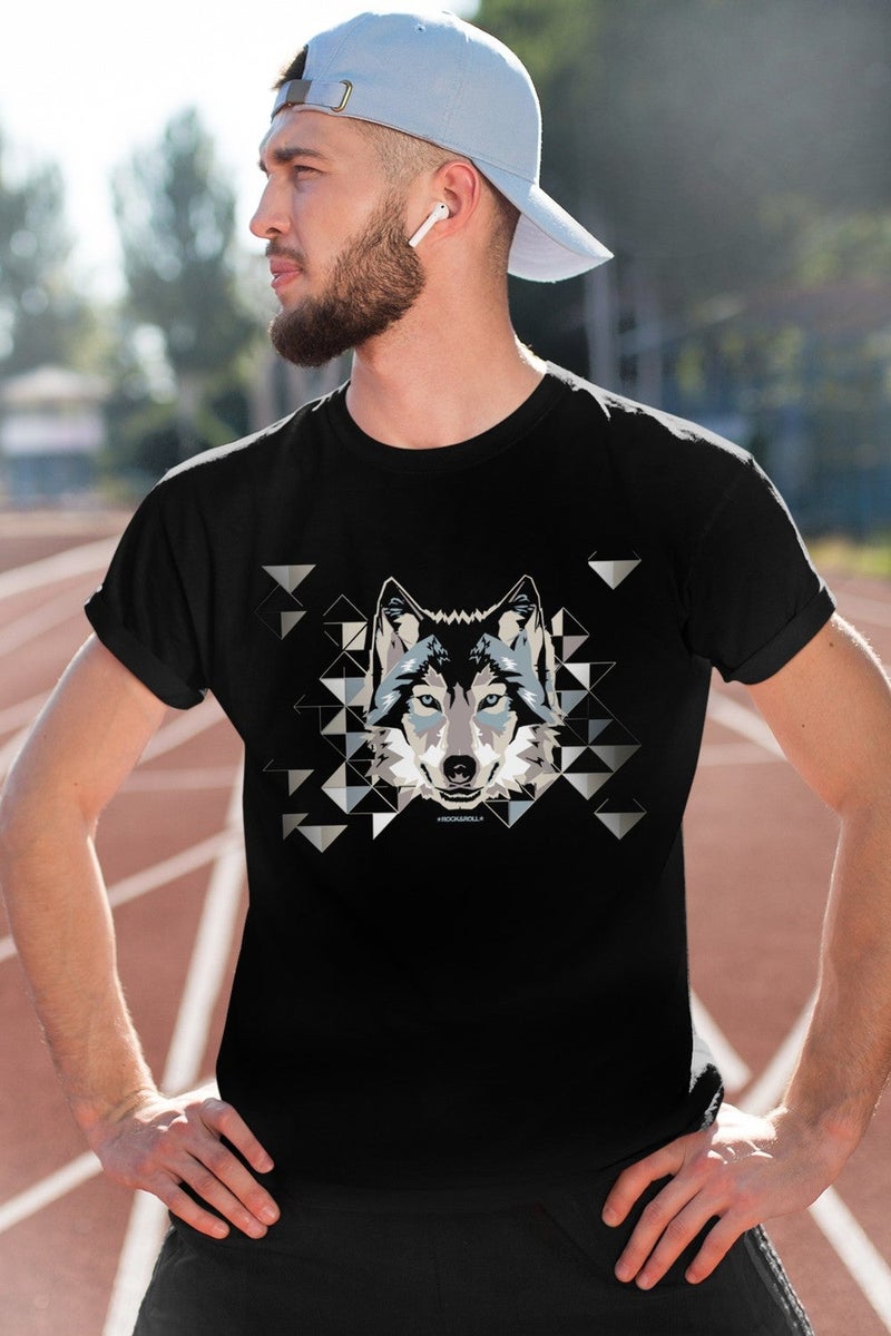 Rock&Roll Geometric Wolf Black Short Sleeve Men's T-Shirt - Image 1