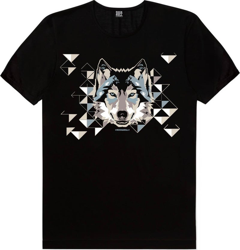 Rock&Roll Geometric Wolf Black Short Sleeve Men's T-Shirt - Image 3
