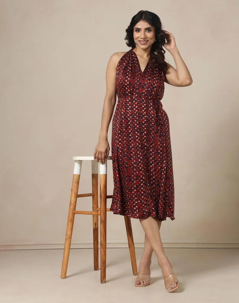 Fabindia Red-Blue Rayon Blend Printed Ajrakh Midi Dress