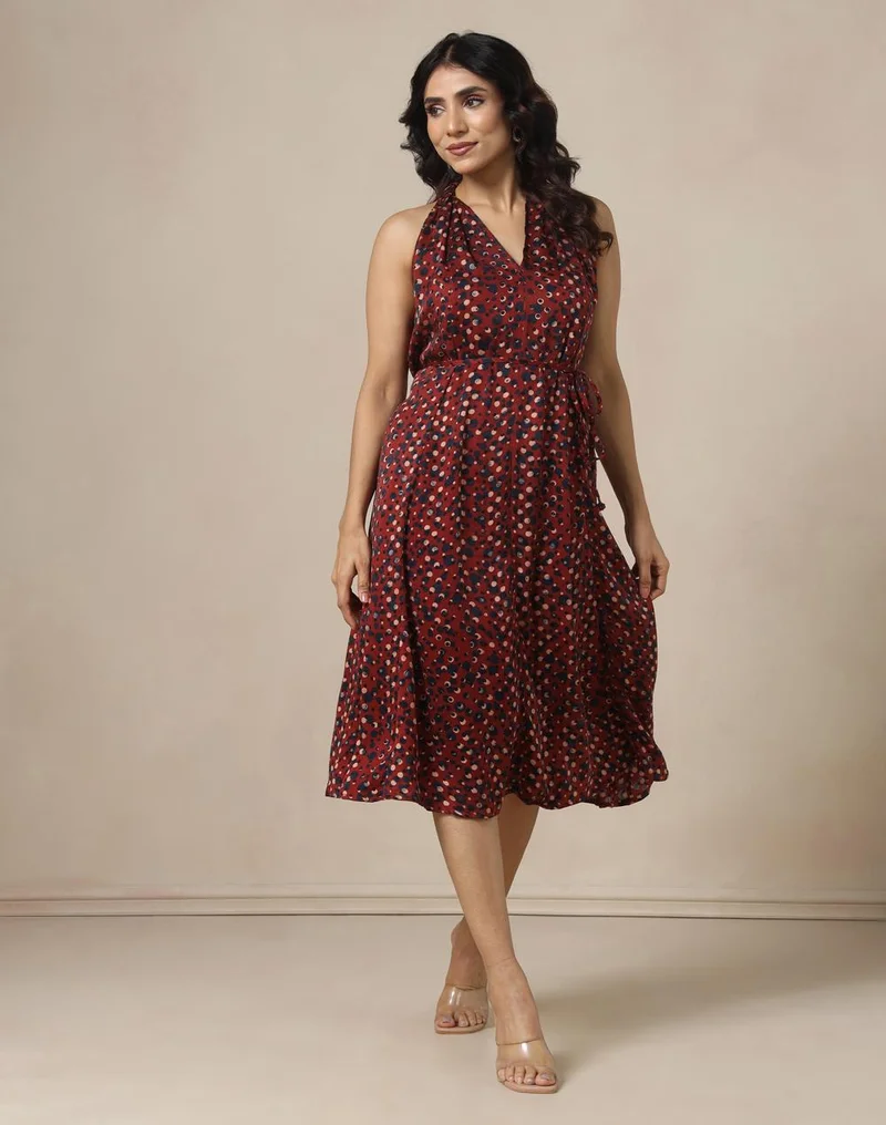Fabindia Red-Blue Rayon Blend Printed Ajrakh Midi Dress