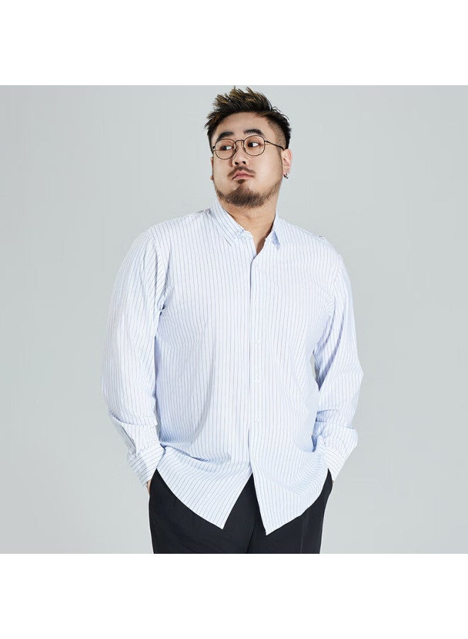 Ayoupang Summer Plus Size Pullover Striped Long-sleeve Shirt, Loose Fit For Chubby Men, Ice Silk High-elasticity Wrinkle-resistant Non-iron Dress Shirt - Image 3